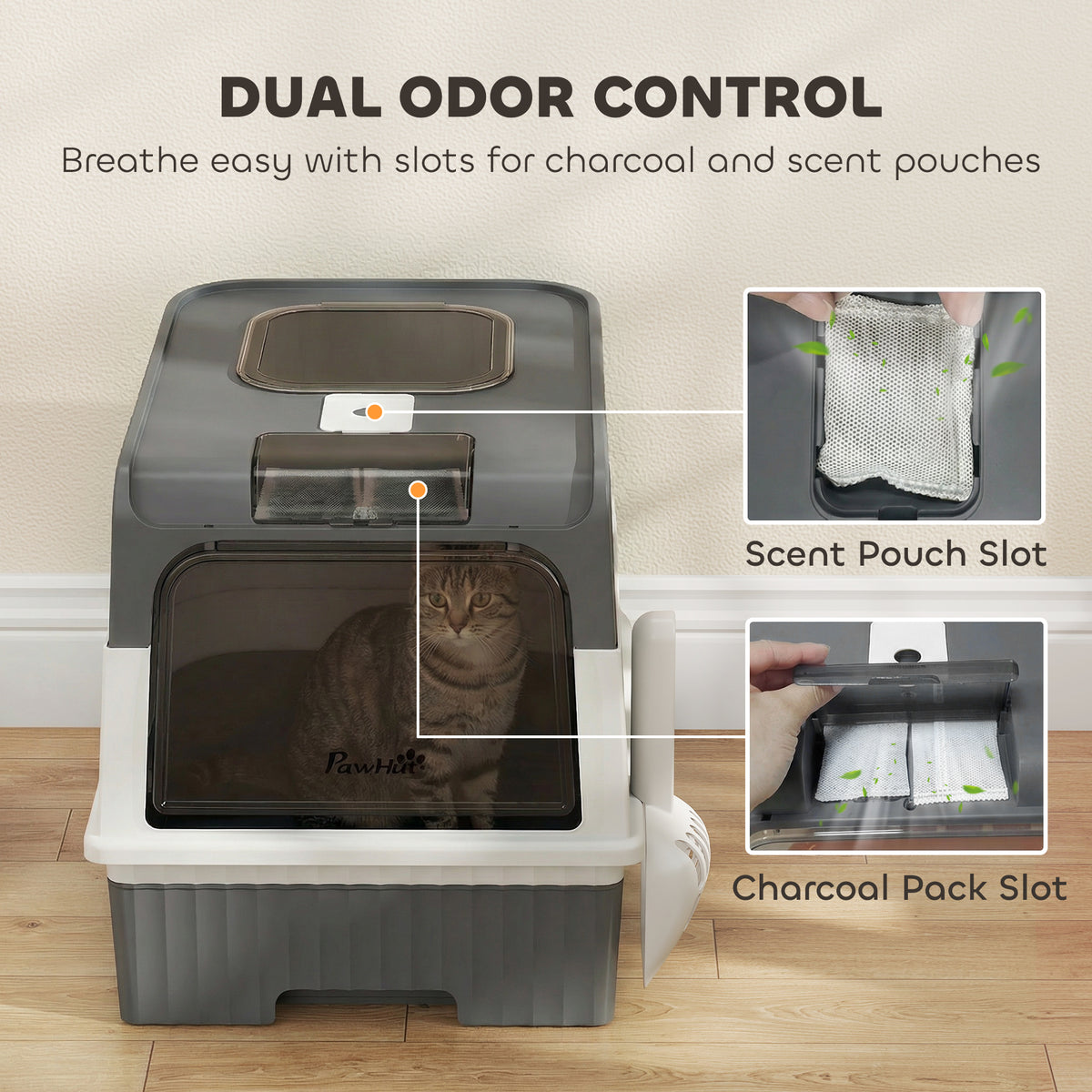 PawHut Cat Litter Box Hooded Cat Litter Tray with Drawer Pan Front Entry & Top Exit Easy Cleaning Gray