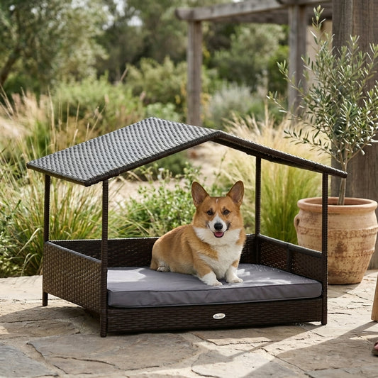 PawHut Wicker Dog Bed Outdoor, with Rattan Canopy, Elevated & Cushioned PE Rattan Dog / Cat House with Sleeping Pad, Gray | Aosom.com