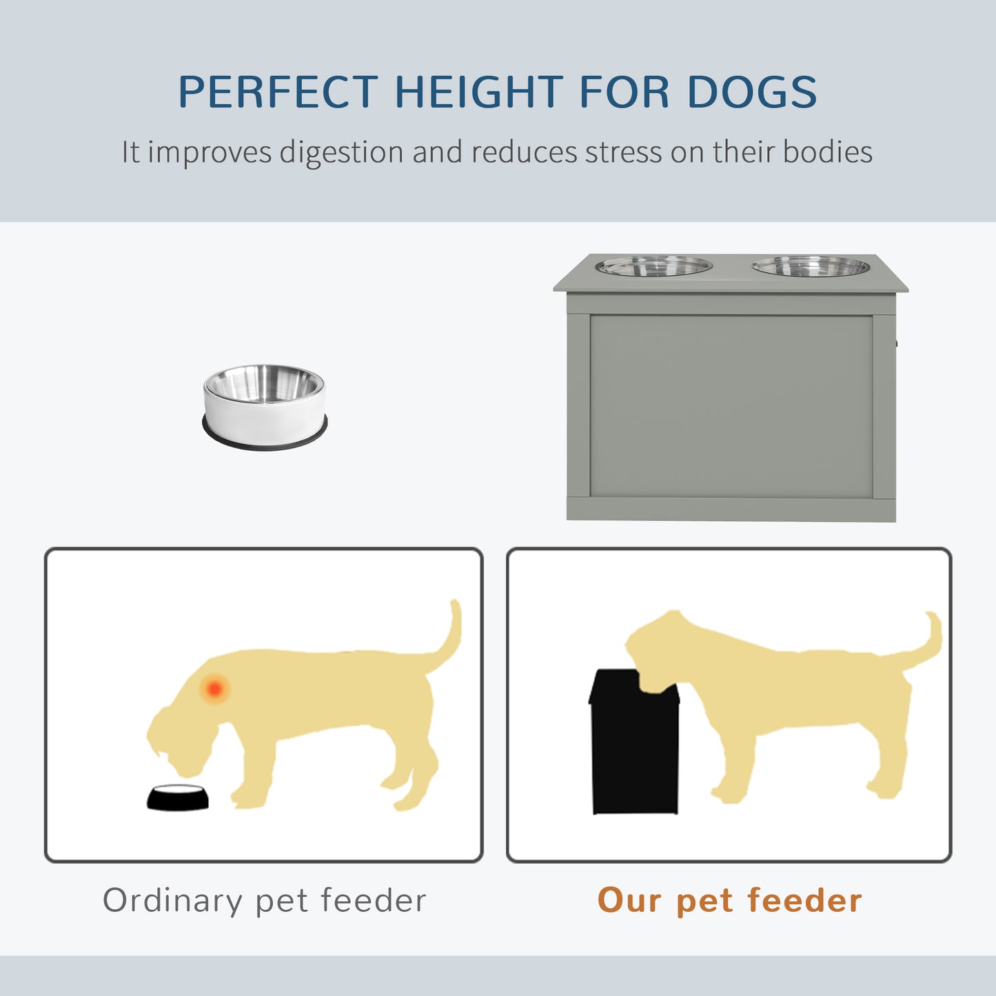 PawHut Raised Dog Feeding Station with 2 Stainless Steel Bowls and Storage for Large Dogs and Other Large Pets Gray