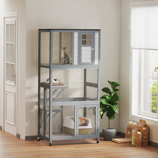 PawHut 74" Wooden Outdoor Cat House Catio with High Weight Capacity, Cat Cage Condo, Light Gray | Aosom.com