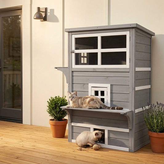 PawHut 3-Tier Feral Cat House Outdoor Kitten Condo with Raised Floor Asphalt Roof Escape Door Jumping Platform Gray | Aosom.com
