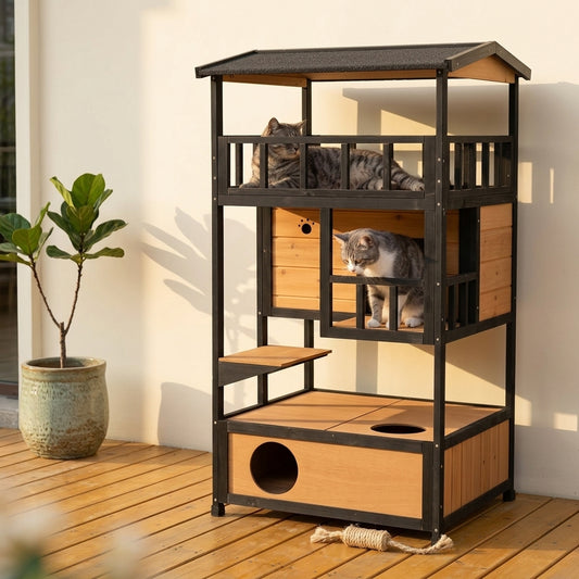 PawHut Wooden Outdoor Cat House, Feral Cat Shelter Kitten Tree with Asphalt Roof, Escape Doors, Condo, Jumping Platform, Yellow|Aosom.com