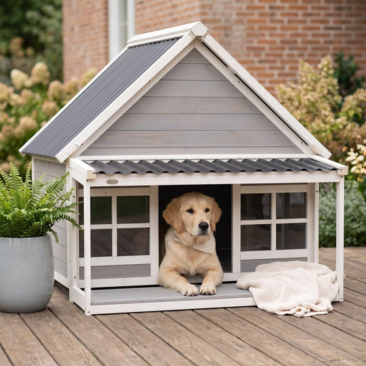 PawHut Wooden Dog House Outdoor Porch Cabin Style Raised Dog Shelter PVC Roof Front Door Windows Large Medium Dog | Aosom.com