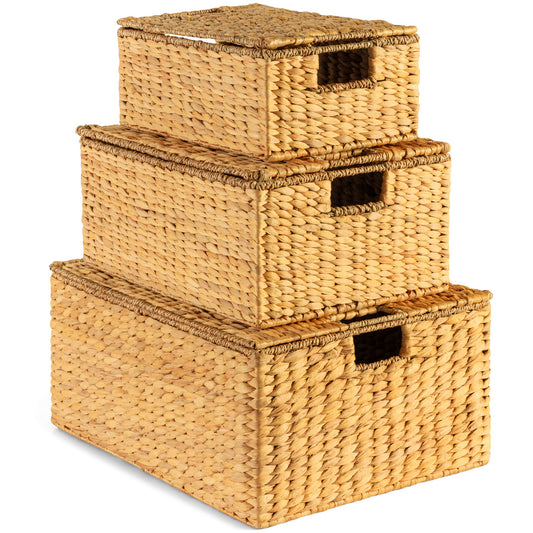 Set of 3 X-Large, Large, & Medium Woven Storage Baskets W/Lids & Handles