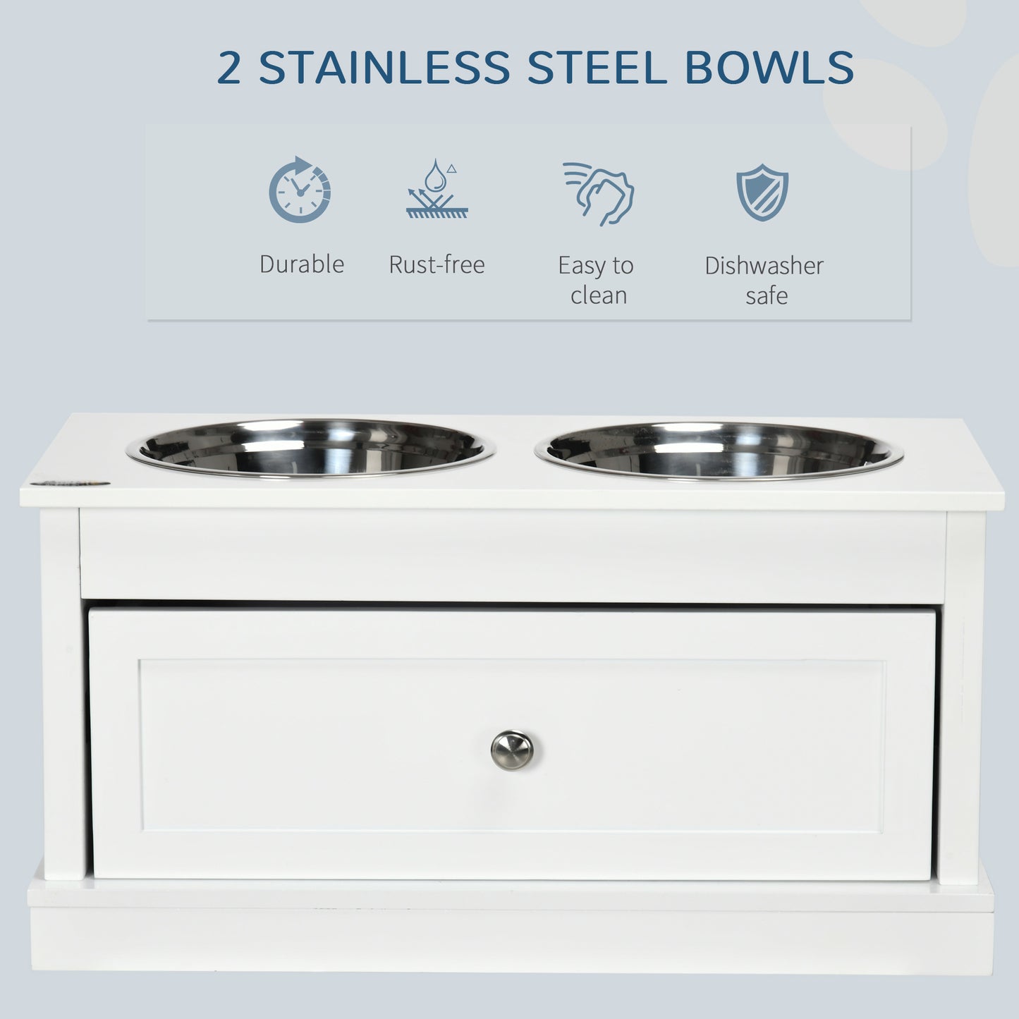 PawHut Elevated Dog Bowls Large Dog Feeder Station with 2 Stainless Steel Bowls Storage Drawer Wood Stand White | Aosom.com