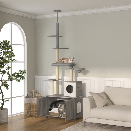 PawHut 2 in 1 Floor to Ceiling Cat Tree with Litter Box Enclosure, Condo, Bed, Hammock, Scratching Posts, and Platforms, Gray