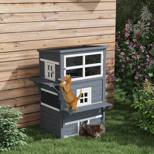 PawHut Cat House, Outdoor 3-Tier Kitty Shelter, Weather Resistant, w/ Escape Door
