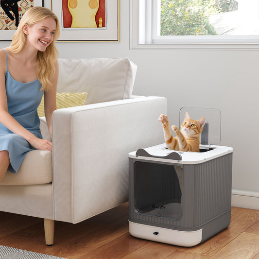PawHut Cat Litter Box with Lid, Enclosed Litter Box for Medium Cats, Front-Entry and Top-Exit, Scoop, Deodorizer Bag, White