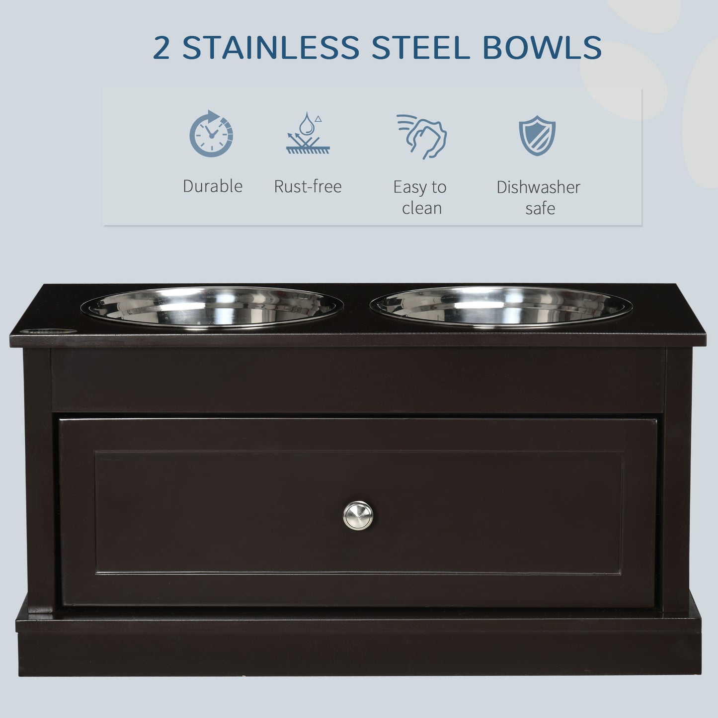PawHut Double Elevated Dog Bowls for Large Dogs, Raised Dog Feeding Station with 2 Stainless Steel Bowls, Storage Drawer & Wood Stand for Cats, Brown
