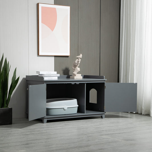 PawHut Cat Litter Box Furniture Hidden Litter Box Enclosure Cabinet Indoor Cat Washroom Double-door Nightstand End Table with Cat Hole Grey
