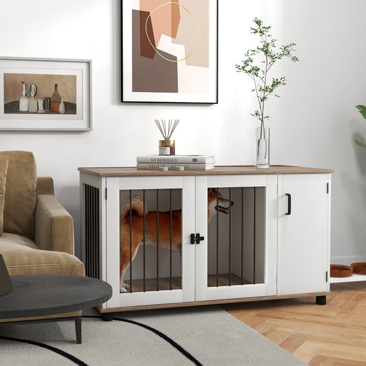 PawHut 2-In-1 Dog Crate Table w/ Double Doors and Storage, Dog Cage for Medium and Large-sized Dogs, Walnut and White | Aosom.com