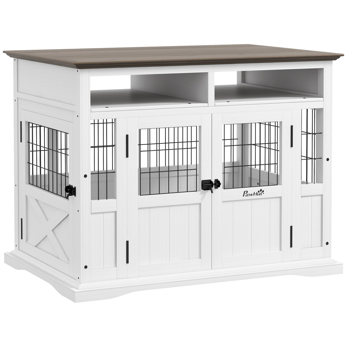 PawHut Dog Kennel Furniture Side End Table with Storage Double Doors Small Medium Dogs White | Aosom.com