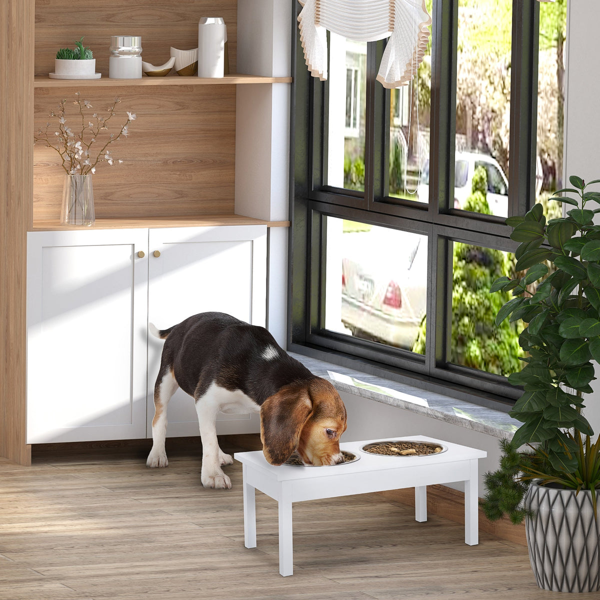 PawHut Elevated Pet Bowl 23 Durable Wooden Feeding Station Heavy Duty, White, for Dogs, Cats | Aosom.com