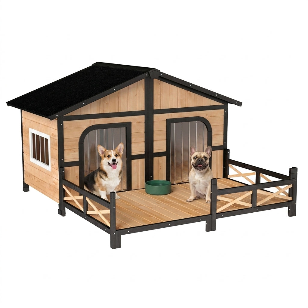 PawHut 59"x64"x39" Large Wooden Dog House Raised Weatherproof Rustic Log Cabin Style Elevated Pet Shelter Porch Deck, Natural
