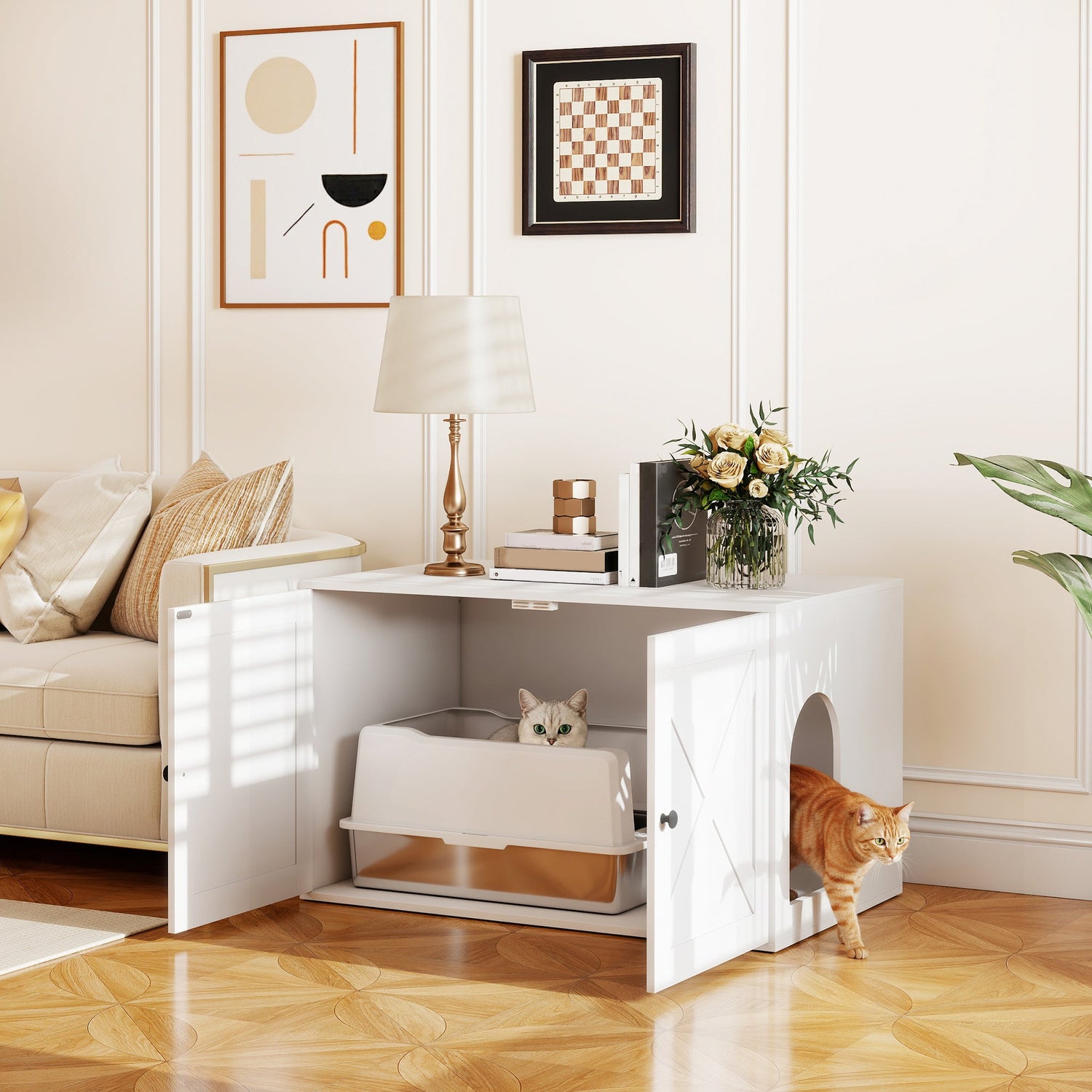 PawHut Cat Litter Box Enclosure with Barn Door, Cat Hole, 31.5" x 21" x 20", White