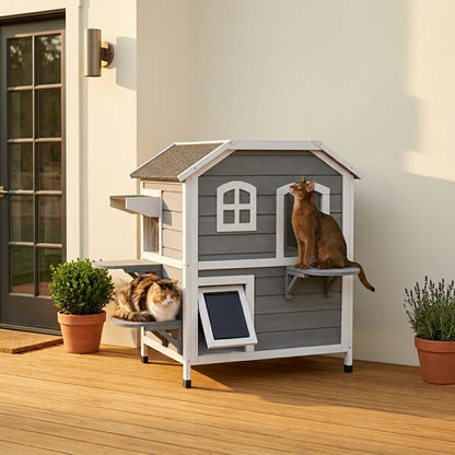 PawHut Wooden 2-Story Outdoor Cat House, Feral Cat Shelter Kitten Condo with Escape Door, Openable Asphalt Roof and 4 Platforms, Grey