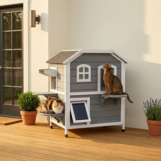 PawHut Wooden 2-Story Outdoor Cat House, Feral Cat Shelter Kitten Condo with Escape Door, Openable Asphalt Roof and 4 Platforms, Grey