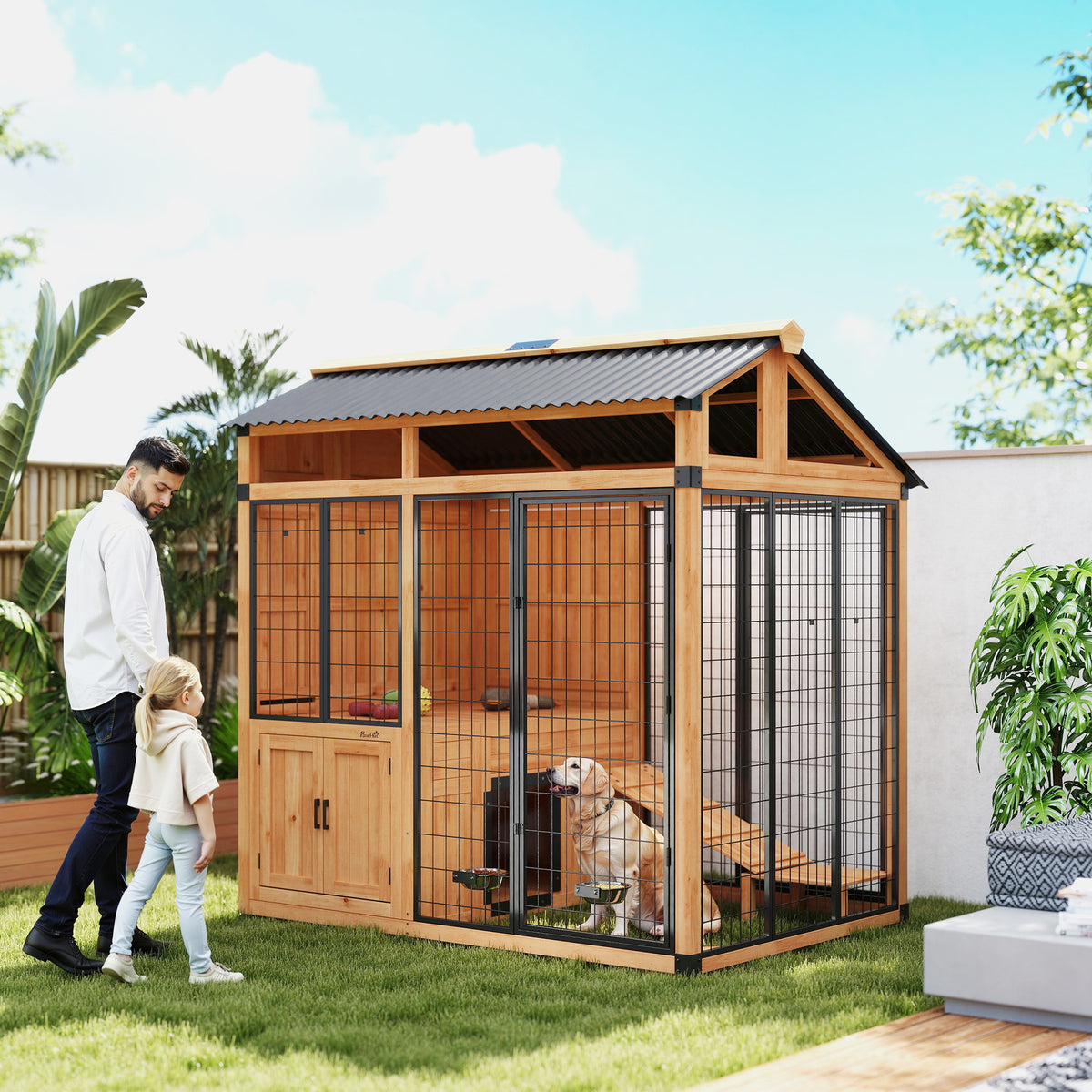 PawHut 7' x 5' Extra Large Dog House, Wood Outdoor Dog Kennel with Platform, Storage Cabinet for Large Breeds, Yellow