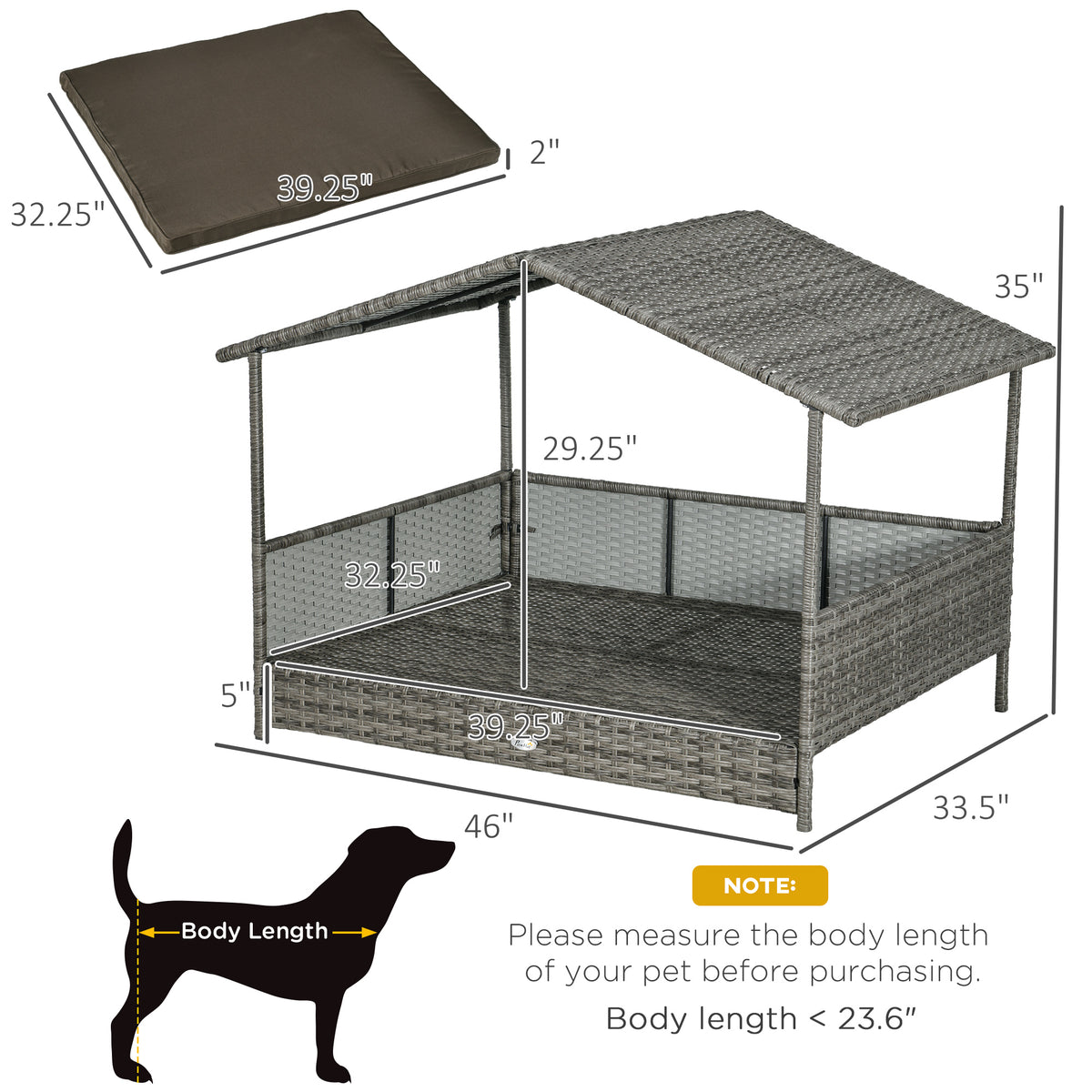 PawHut Rattan Outdoor Dog Bed with Canopy Soft Cushion Removable Cover Medium Large Dogs Charcoal Gray | Aosom.com