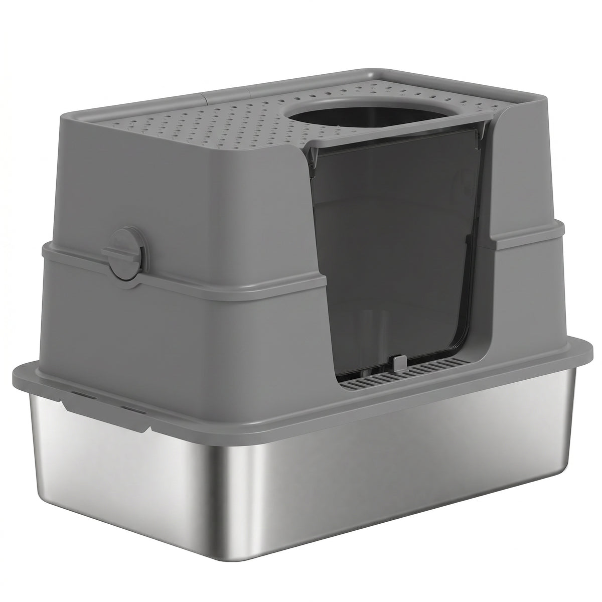 PawHut XL Stainless Steel Litter Box w/ 100° Flip Top, Scoop, Top & Side Entry Enclosed Litter Box for Big Cats