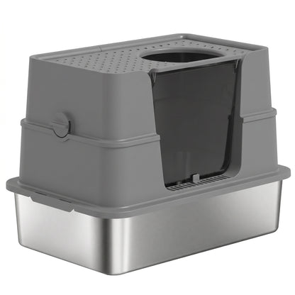 PawHut XL Stainless Steel Litter Box w/ 100° Flip Top, Scoop, Top & Side Entry Enclosed Litter Box for Big Cats