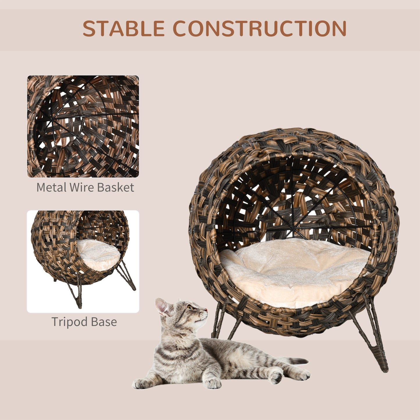 PawHut 20.5 Woven Wicker Cat Bed Elevated Hand-Woven Braided Banana Leaf Kitten House Condo with Cushion Brown | Aosom.com