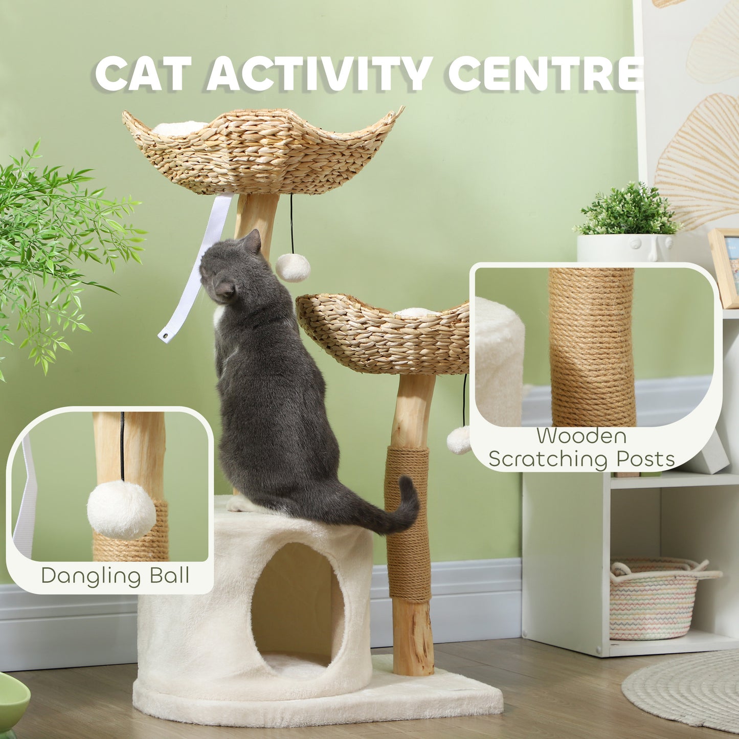 PawHut 37 Inch Modern Cat Tree w/ Wooden Scratching Posts, Condo, Beds, Cushions, Toy Balls, Anti-tip Kit | Aosom.com