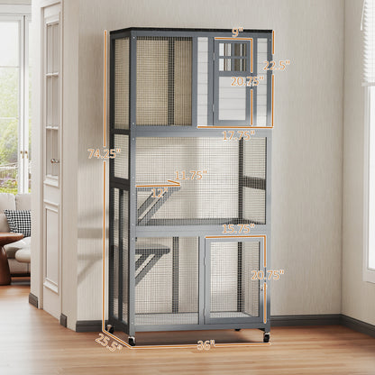 PawHut 74" Wooden Outdoor Cat House Catio with High Weight Capacity, Cat Cage Condo, Light Gray | Aosom.com