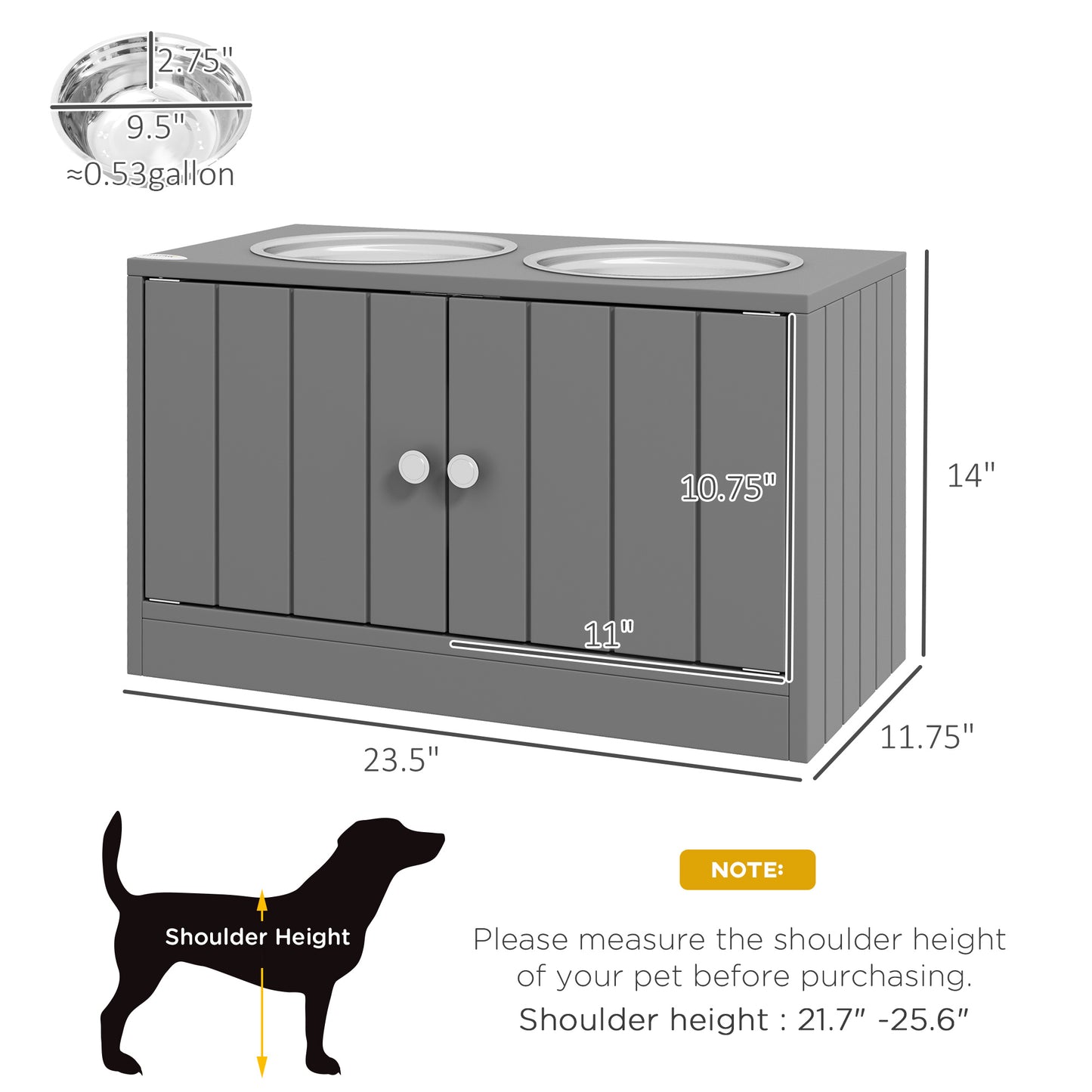PawHut Large Elevated Dog Bowls with 44L Storage Cabinet, Raised Pet Food Bowl Stand & Feeding Station, Gray | Aosom.com