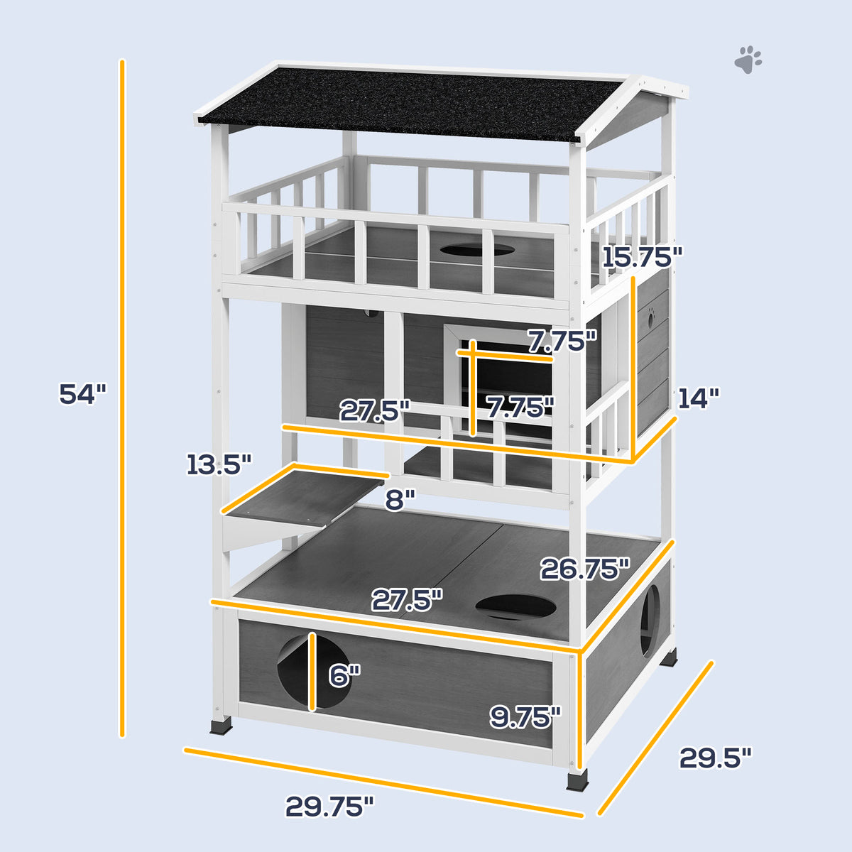 PawHut Wooden Outdoor Cat House with Asphalt Roof, Escape Doors, Condo, Jumping Platform, Light Gray