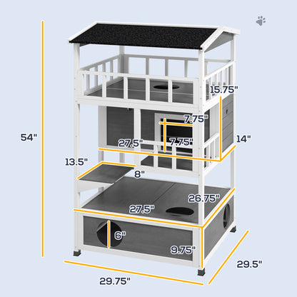 PawHut Wooden Outdoor Cat House with Asphalt Roof, Escape Doors, Condo, Jumping Platform, Light Gray
