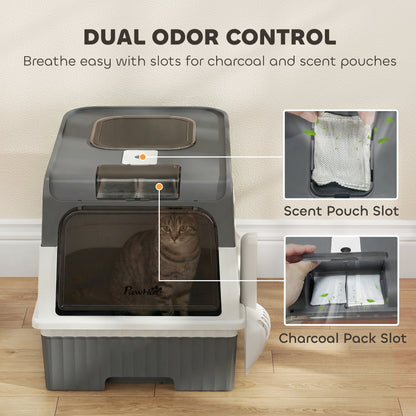 PawHut Cat Litter Box Hooded Cat Litter Tray with Drawer Pan Front Entry & Top Exit Easy Cleaning Gray