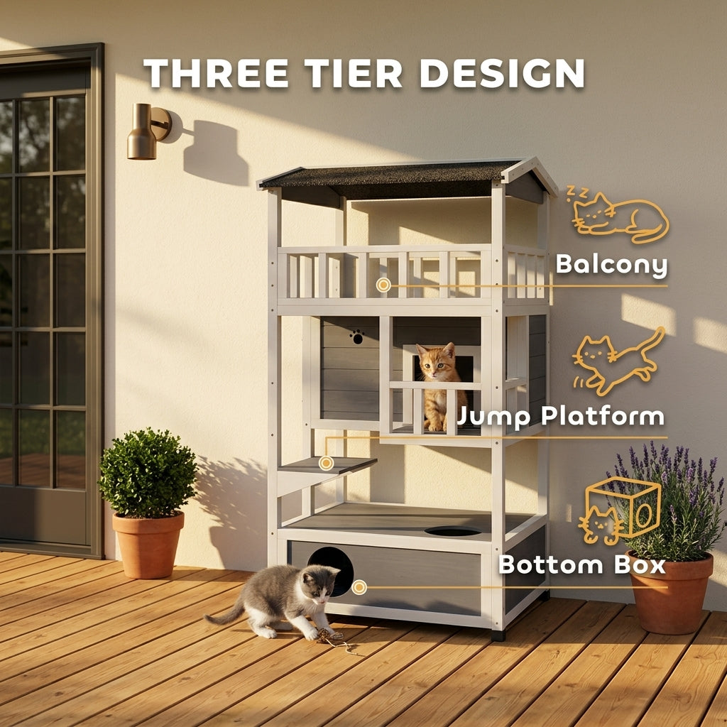 PawHut Solid Wood 4-Floor Cat Condo with Litter Box Space Multi-Level Cat Villa | Aosom.com