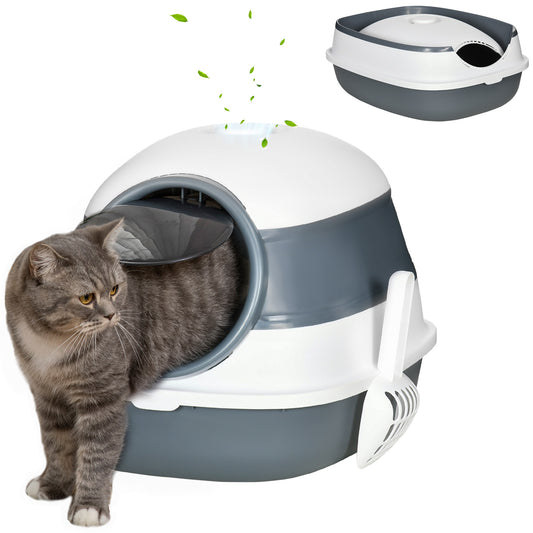 PawHut Dome Covered Cat Litter Box, Sleek Design with Lid, White and Gray | Aosom.com
