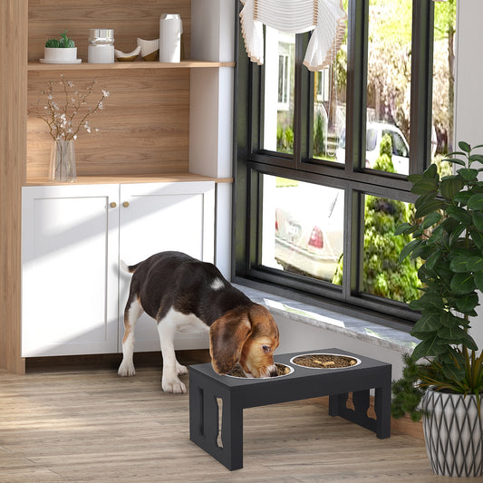PawHut 23" Modern Decorative Dog Bone Wooden Heavy Duty Elevated Dog Bowl Feeding Station - Black