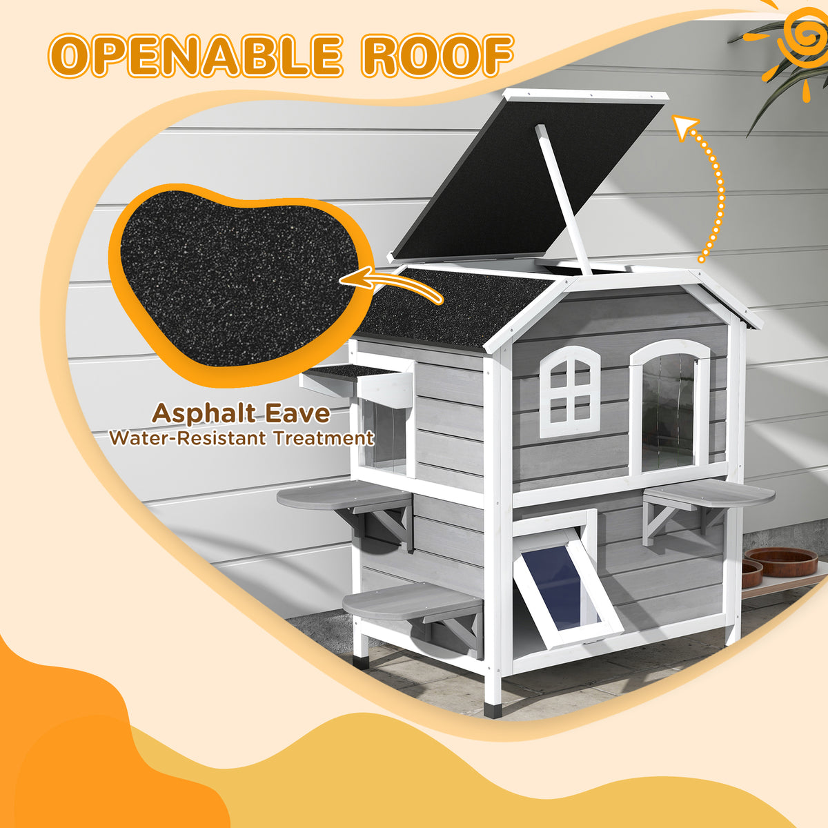 PawHut Wooden 2-Story Outdoor Cat House, Feral Cat Shelter Kitten Condo with Escape Door, Openable Asphalt Roof and 4 Platforms, Grey