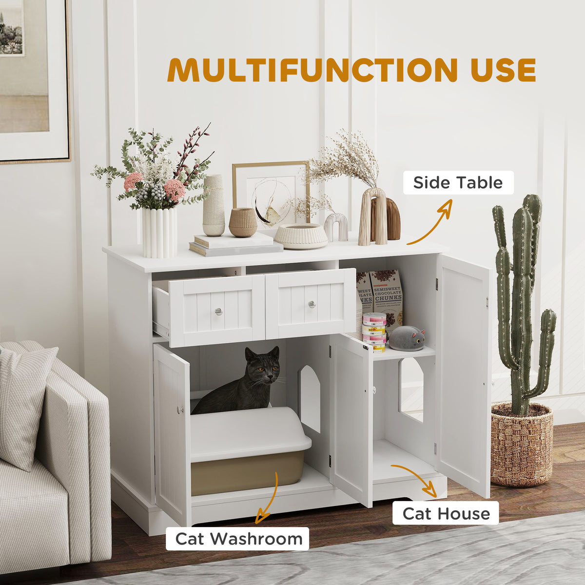 PawHut Cat Litter Box Enclosure with Drawers, Storage, Anti-tip Kit, 39" x 18" x 31.5", White
