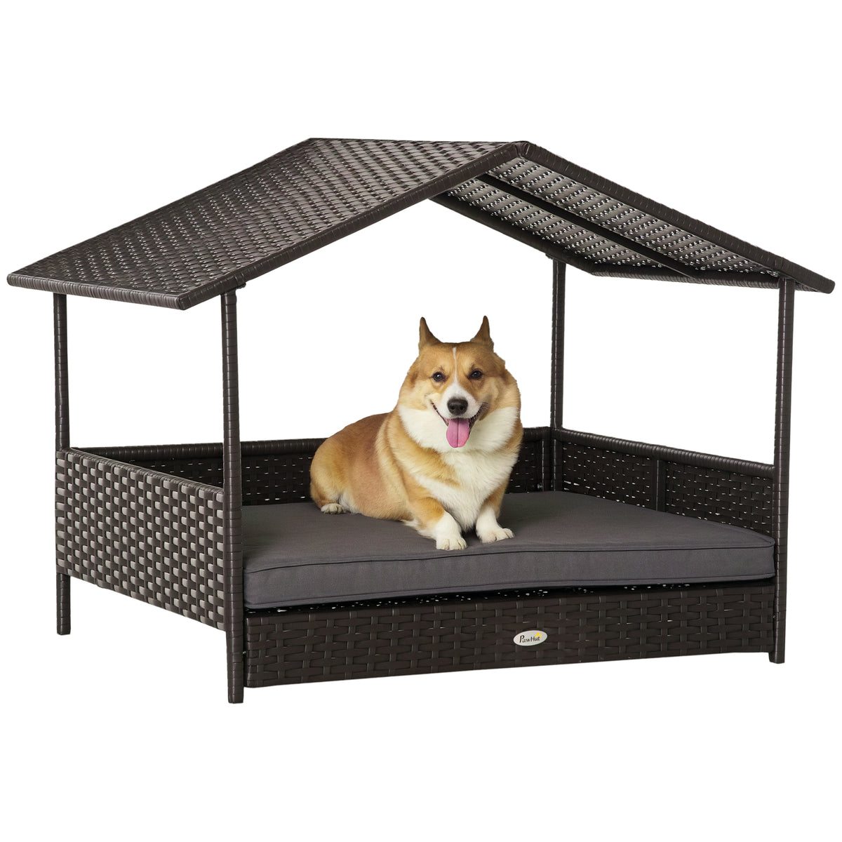 PawHut Wicker Dog Bed Outdoor, with Rattan Canopy, Elevated & Cushioned PE Rattan Dog / Cat House with Sleeping Pad, Gray | Aosom.com