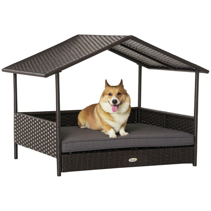 PawHut Wicker Dog Bed Outdoor, with Rattan Canopy, Elevated & Cushioned PE Rattan Dog / Cat House with Sleeping Pad, Gray | Aosom.com