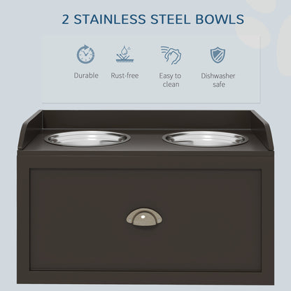 PawHut Large Elevated Dog Bowls with Storage Drawer Containing 21L Capacity Raised Dog Feeding Station with 2 Stainless Steel Bowls Brown | Aosom.com