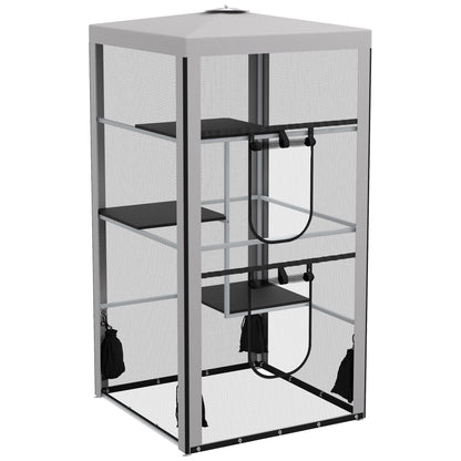 PawHut 79"H Cat House Kitten Enclosure Mesh Playpen Steel Frame with 3 Platforms, 2 Doors and 4 Sandbags for Stability, Indoor/Outdoor