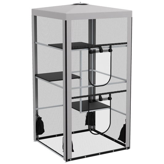 PawHut 79"H Cat House Kitten Enclosure Mesh Playpen Steel Frame with 3 Platforms, 2 Doors and 4 Sandbags for Stability, Indoor/Outdoor