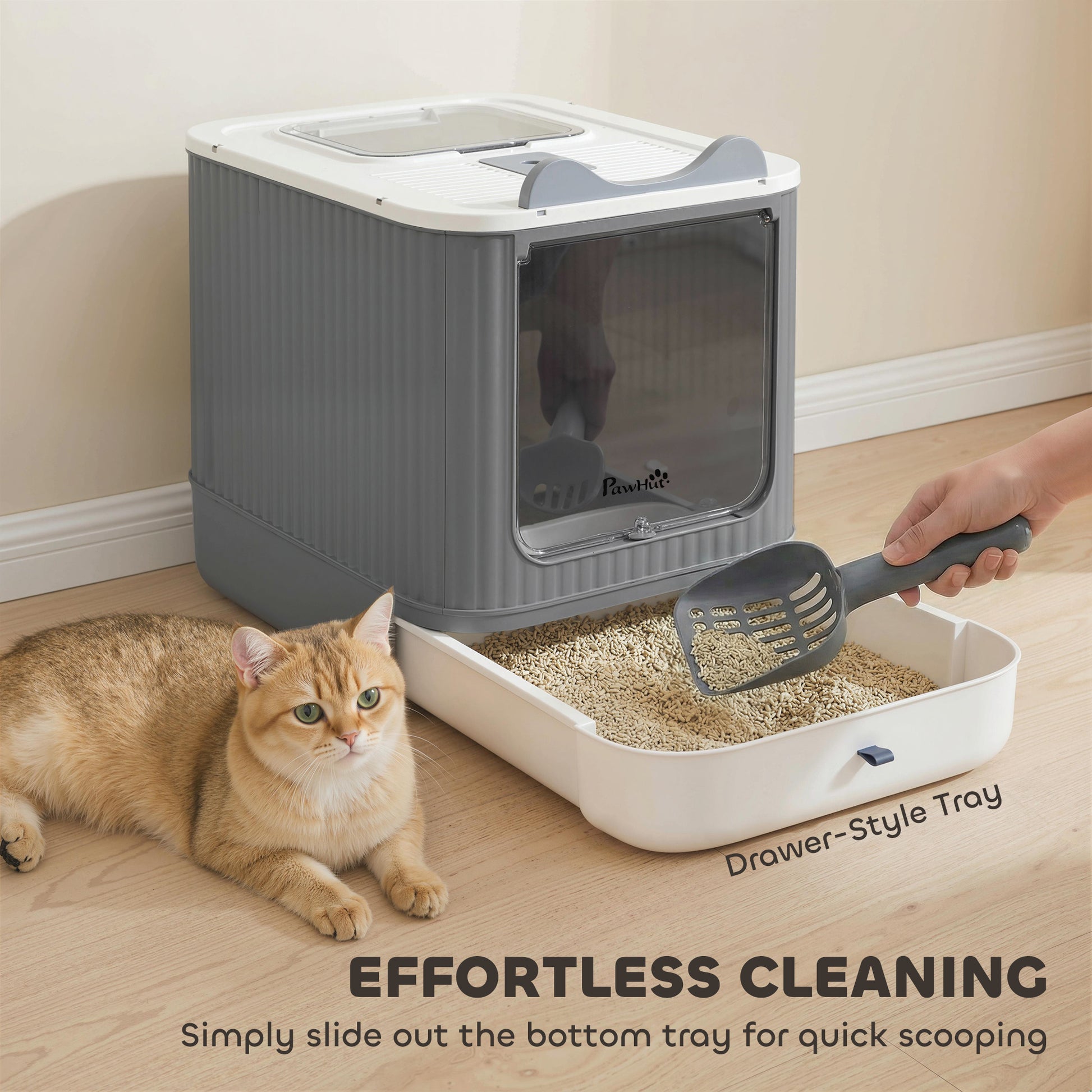 PawHut Cat Litter Box with Lid, Enclosed Litter Box for Medium Cats, Front-Entry and Top-Exit, Scoop, Deodorizer Bag, White