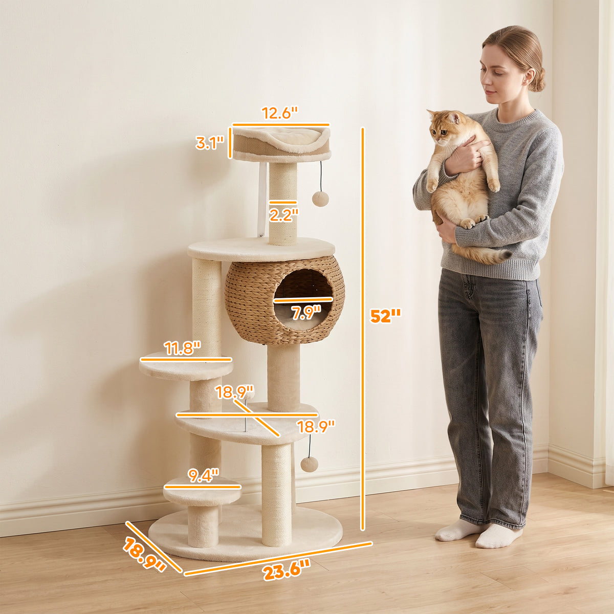 PawHut 52" Cat Tree, Cat Tower with Handwoven Cattail Condo, Bed, Platforms, 3 Scratching Posts and 3 Toy Balls