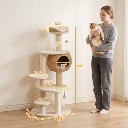 PawHut 52" Cat Tree, Cat Tower with Handwoven Cattail Condo, Bed, Platforms, 3 Scratching Posts and 3 Toy Balls