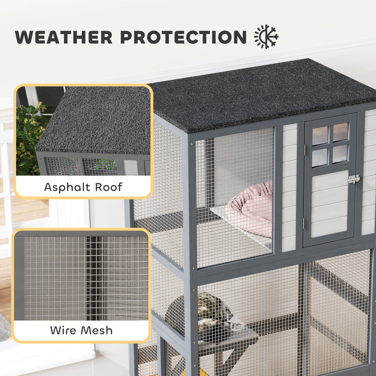 PawHut 74" Wooden Outdoor Cat House Catio with High Weight Capacity, Cat Cage Condo, Light Gray | Aosom.com