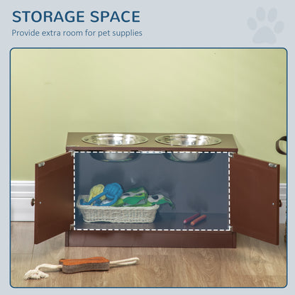 PawHut Elevated Dog Bowls with Storage Cabinet, Raised Dog Bowl Stand Pet Food Bowl Dog Feeding Station, Brown | Aosom.com