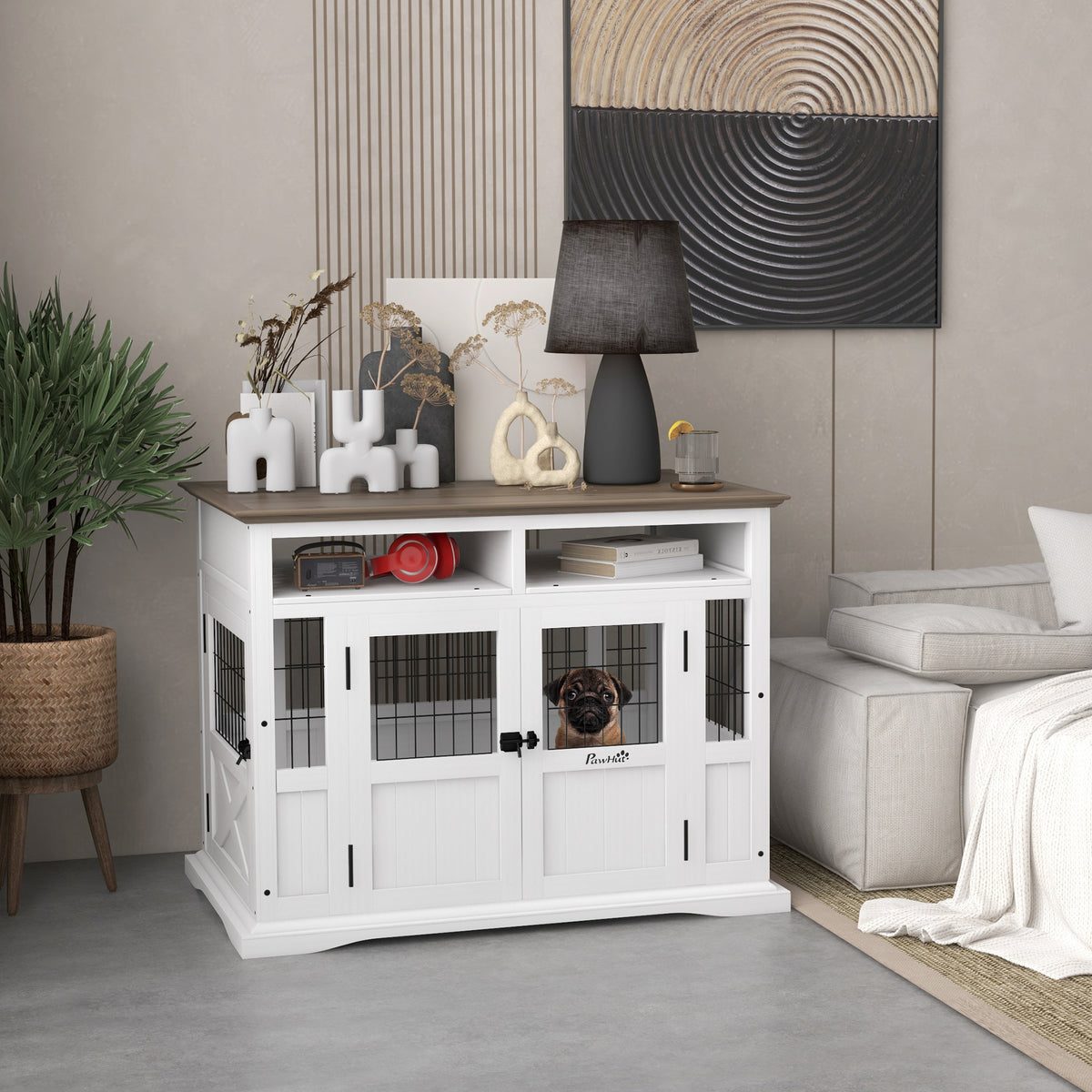PawHut Dog Kennel Furniture Side End Table with Storage Double Doors Small Medium Dogs White | Aosom.com