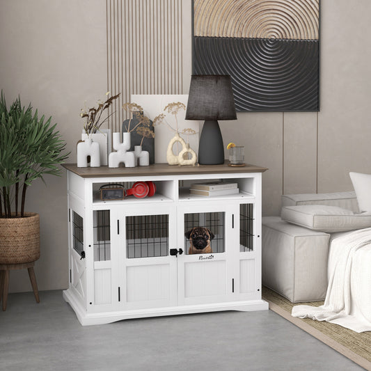PawHut Dog Kennel Furniture Side End Table with Storage Double Doors Small Medium Dogs White | Aosom.com