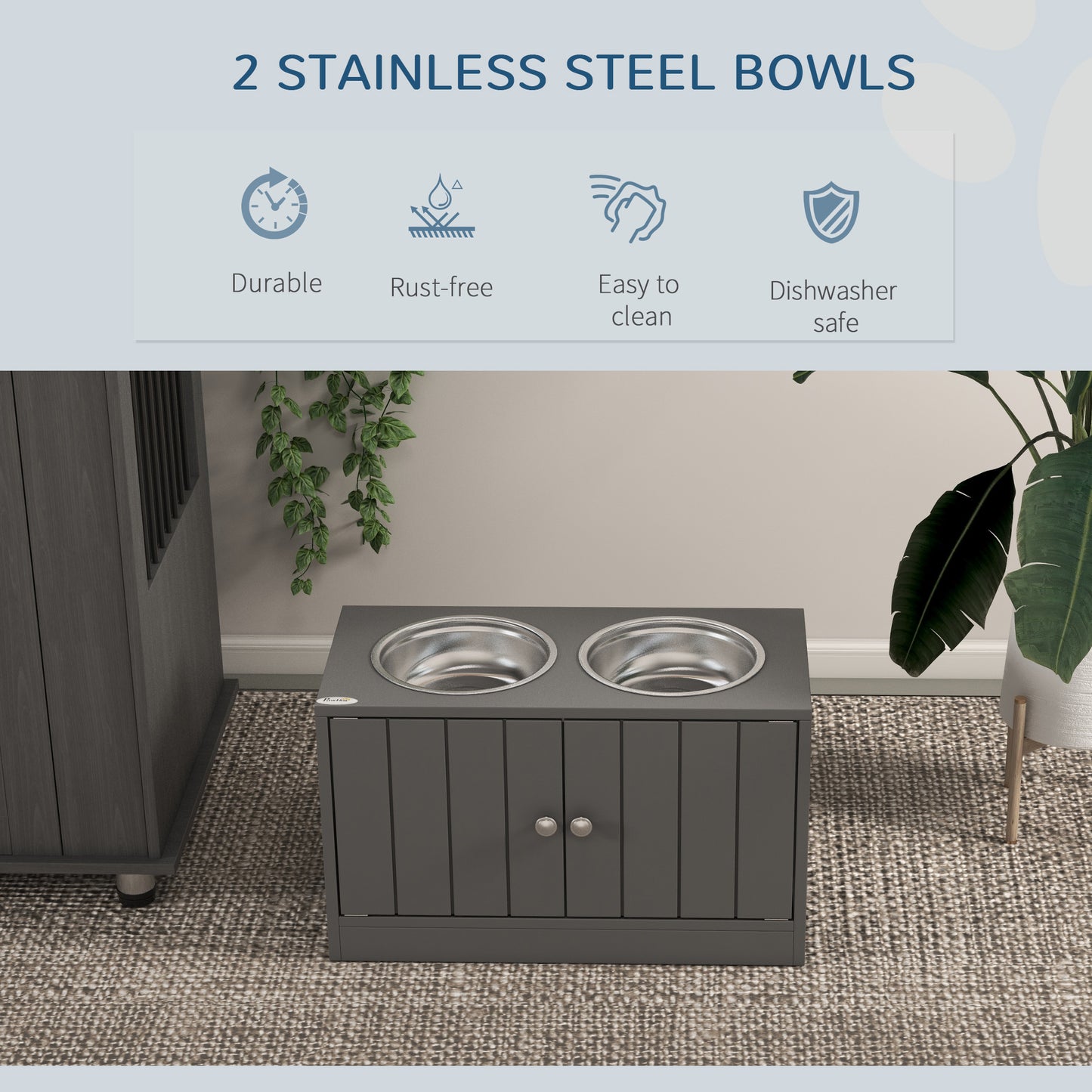 PawHut Large Elevated Dog Bowls with 44L Storage Cabinet, Raised Pet Food Bowl Stand & Feeding Station, Gray | Aosom.com